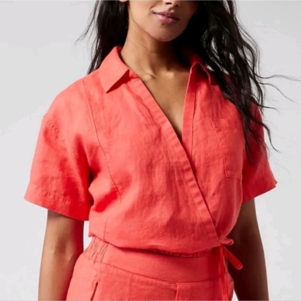 Athleta Playa TieCoral 100% Linen Blouse 3X, NWT